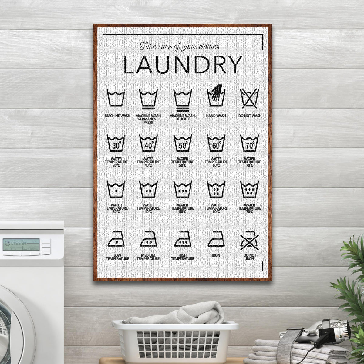 Laundry Symbols Sign II canvas by Tailored Canvases, wood-framed with black icons on white fabric on Tampa Home & Garden Store