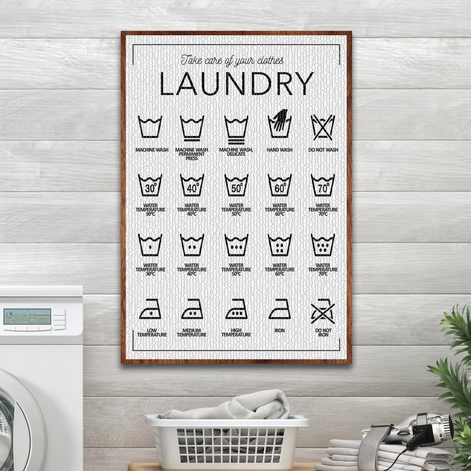Laundry Symbols Sign II canvas by Tailored Canvases, wood-framed with black icons on white fabric on Tampa Home & Garden Store