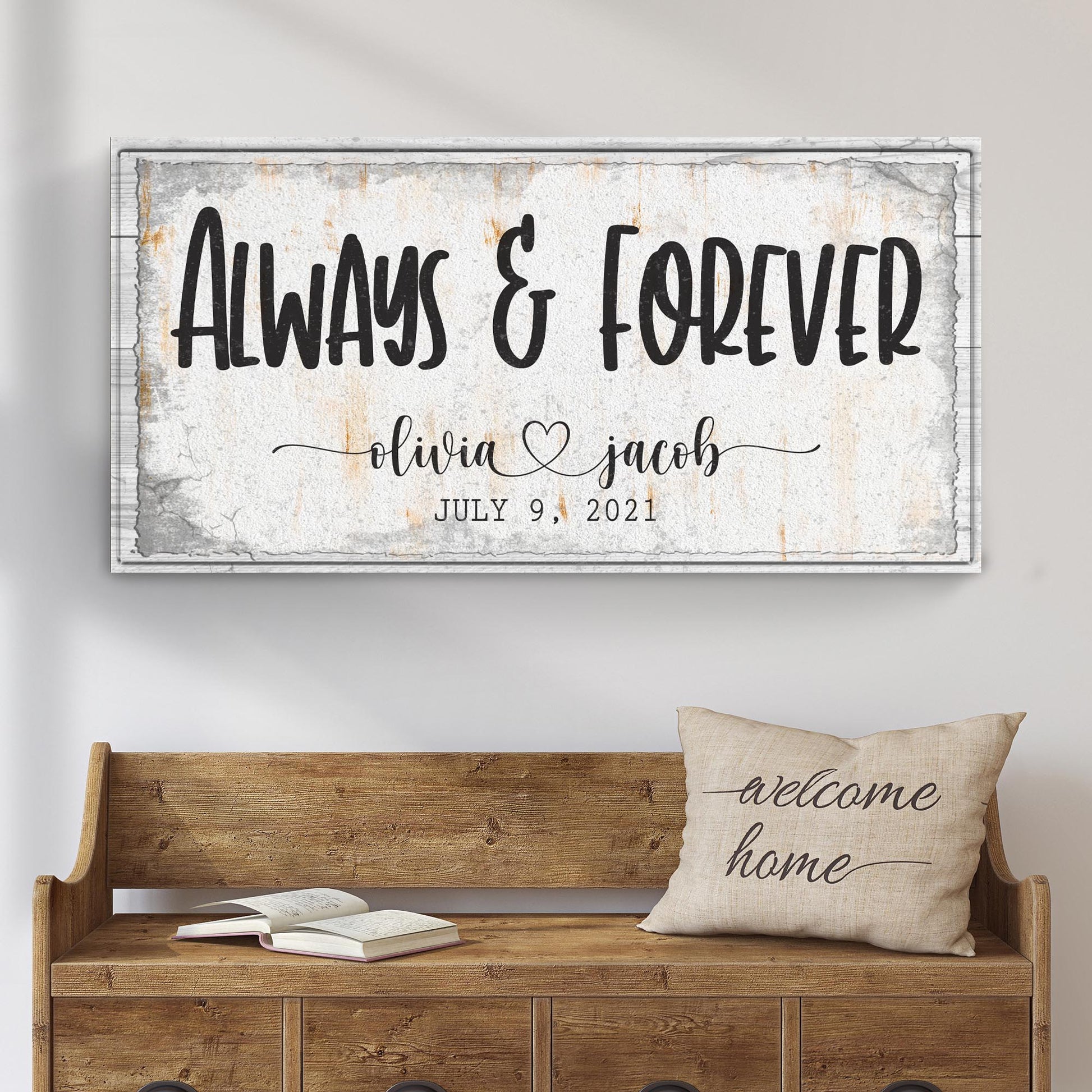 Always And Forever couple sign canvas with white surface and rustic wood frame Olivia & Jacob on Tampa Home & Garden Store