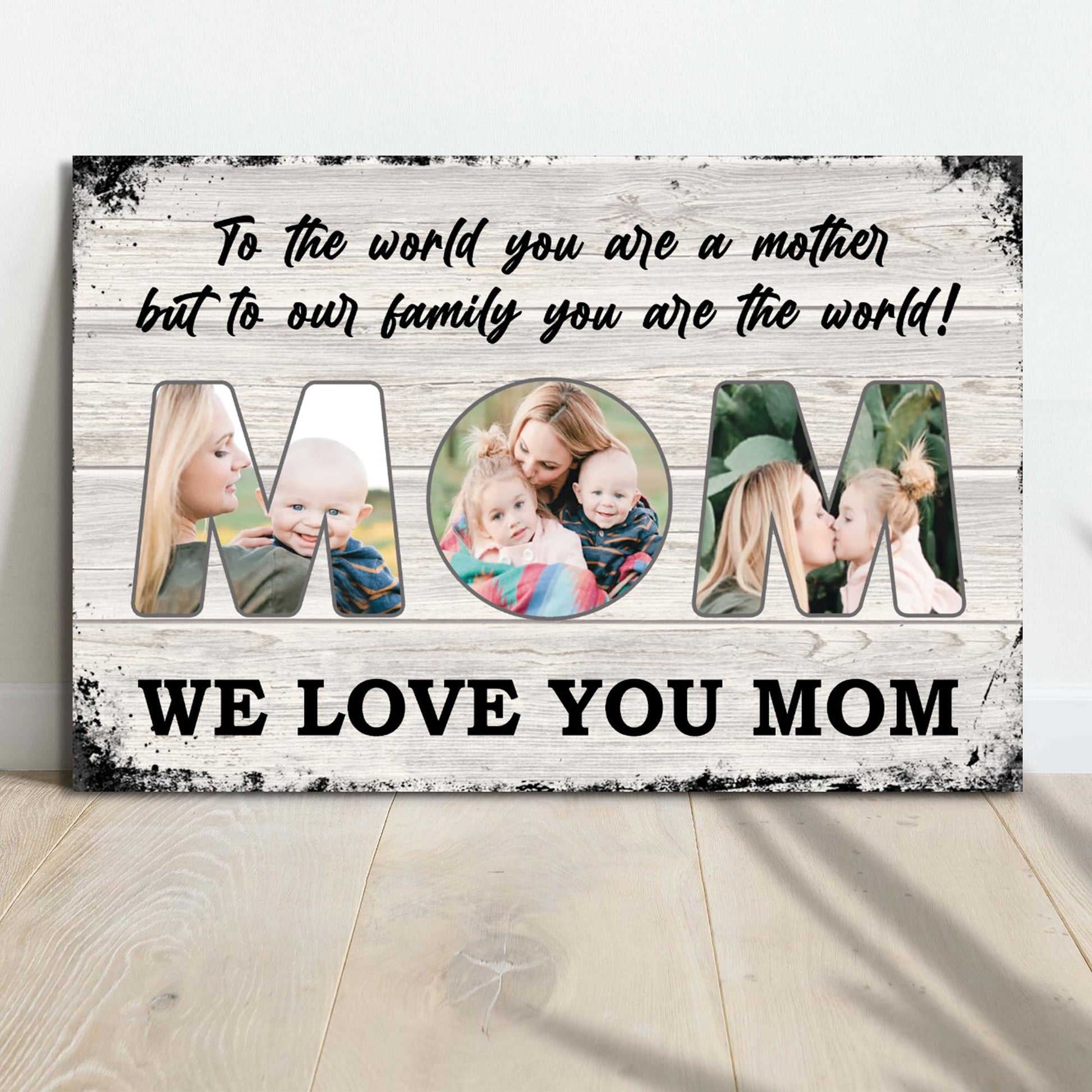 Canvas sign Mom Mother's Day Gift with photo-filled MOM letters on rustic wood background on Tampa Home & Garden Store