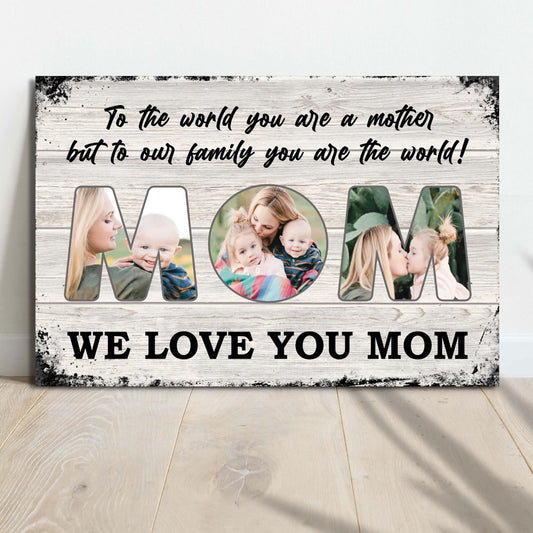 Canvas sign Mom Mother's Day Gift with photo-filled MOM letters on rustic wood background on Tampa Home & Garden Store