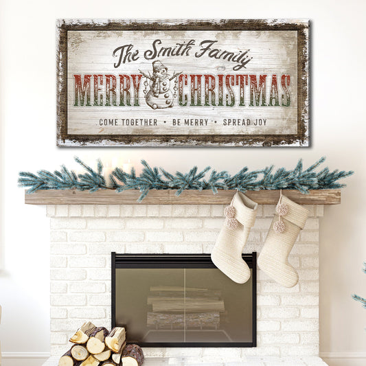 Tailored Canvases Merry Christmas Sign canvas with rustic wood panel, Smith Family and snowman on Tampa Home & Garden Store