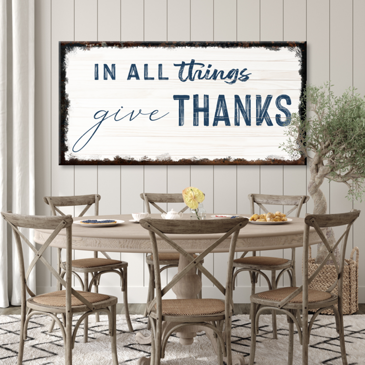 In All Things Give Thanks Sign II canvas by Tailored Canvases navy text on dark rustic frame on Tampa Home & Garden Store