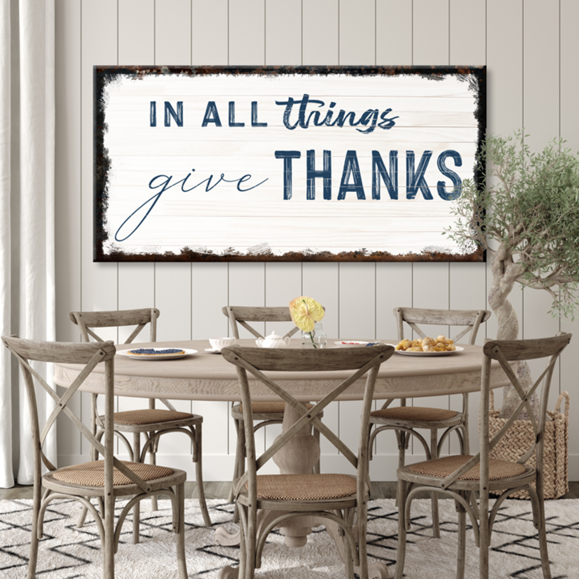 In All Things Give Thanks Sign II canvas by Tailored Canvases navy text on dark rustic frame on Tampa Home & Garden Store