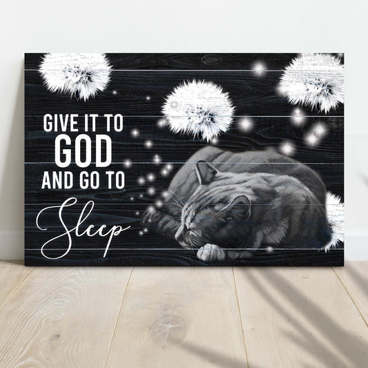 Canvas sign Give It To God And Go To Sleep by Tailored Canvases, black wood background with white dandelions on Tampa Home & Garden Store