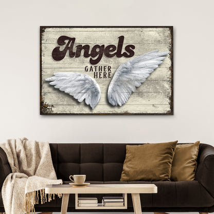 Angels Gather Here Sign II canvas wall art with distressed wood panel background and white wings on Tampa Home & Garden Store