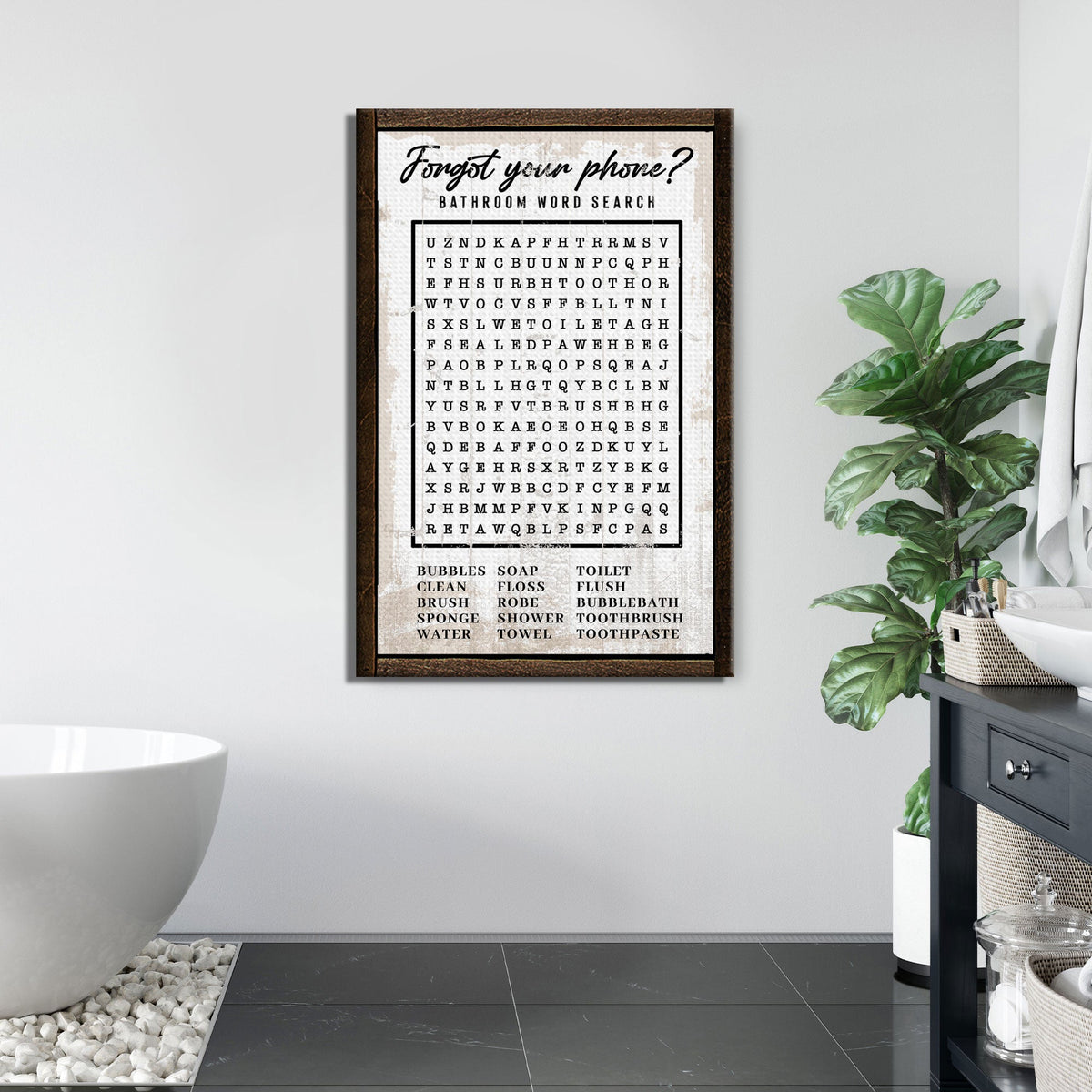 Bathroom Word Search canvas sign with letter grid framed in dark wood by Tailored Canvases on Tampa Home & Garden Store