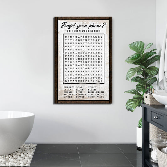 Bathroom Word Search canvas sign with letter grid framed in dark wood by Tailored Canvases on Tampa Home & Garden Store
