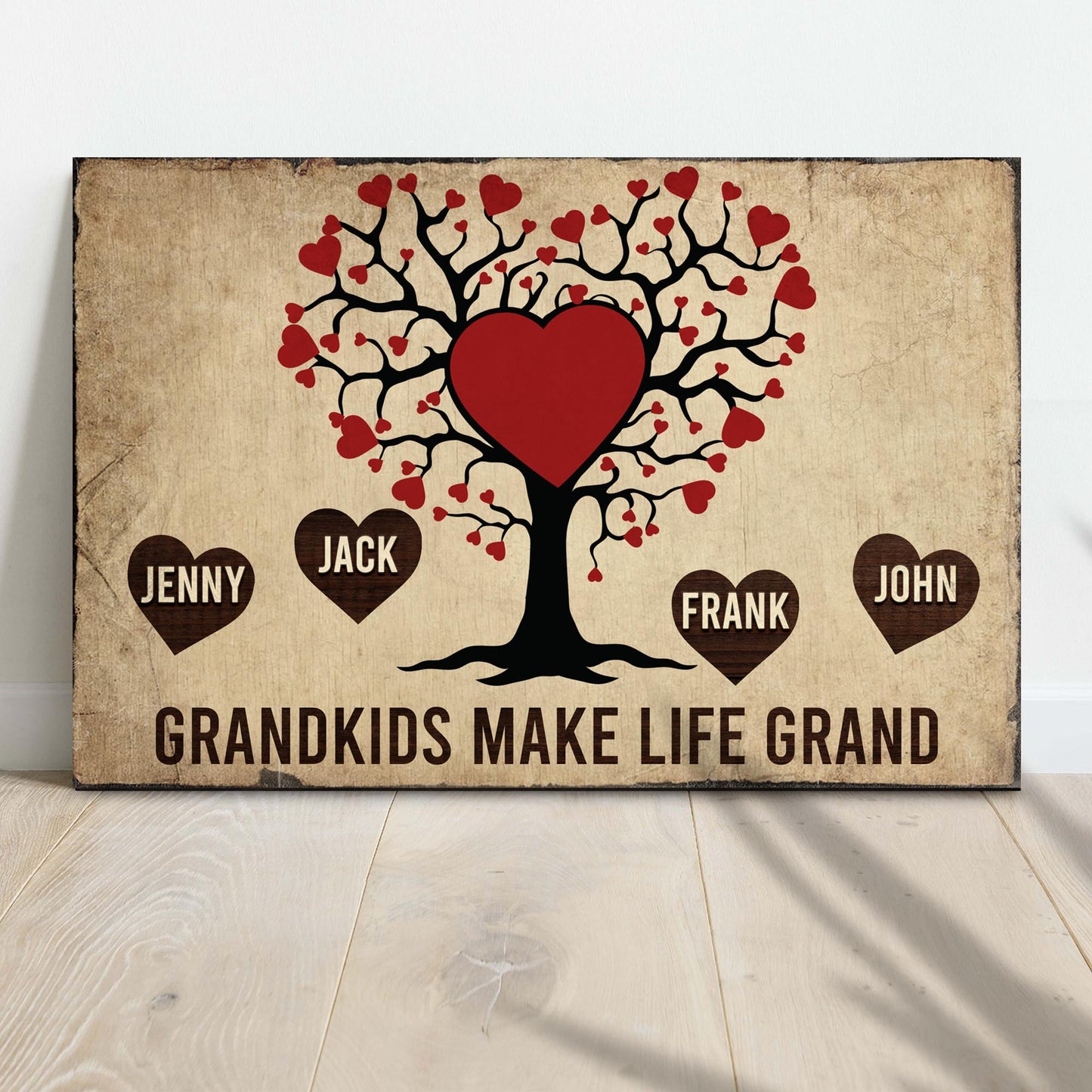 Grandkids Make Life Grand Sign canvas with heart-tree and name circles by Tailored Canvases on Tampa Home & Garden Store
