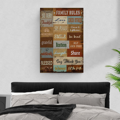 Family Rules Sign canvas wall art in a rustic distressed wood panel collage on Tampa Home & Garden Store