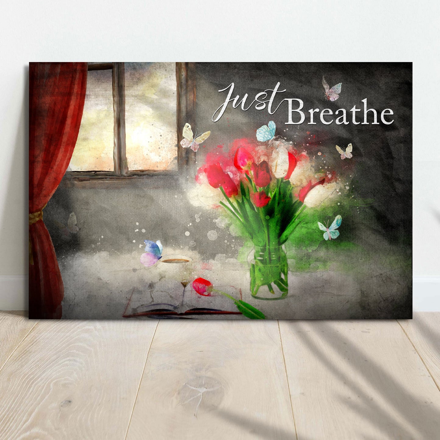 Just Breathe Sign VI canvas by Tailored Canvases, flowers and butterflies on dark backdrop on Tampa Home & Garden Store