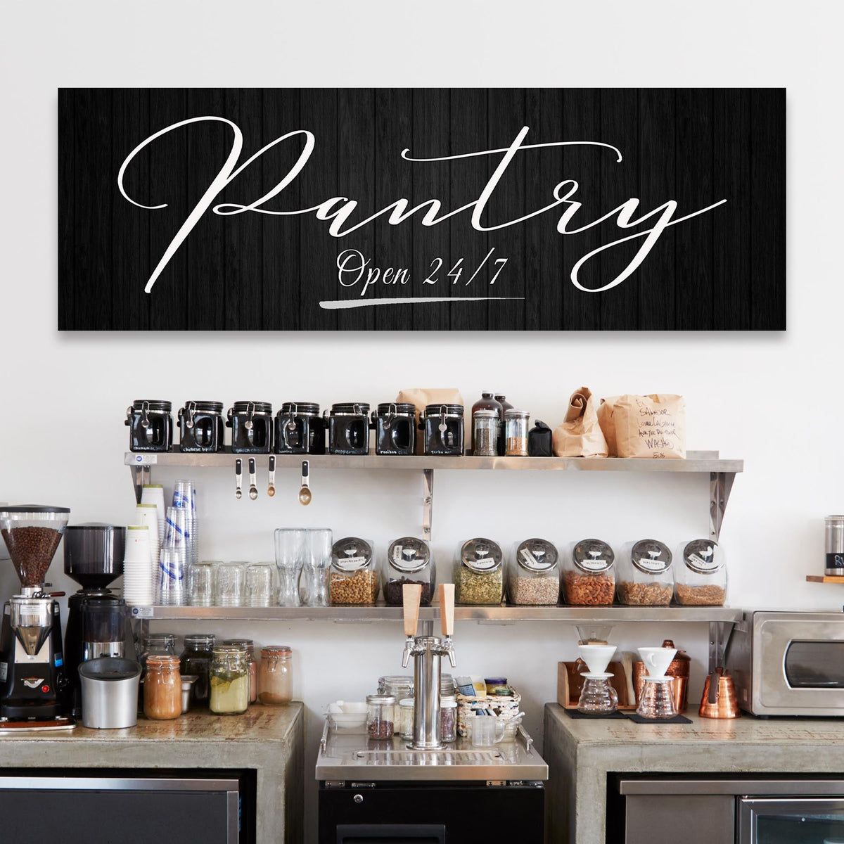 Pantry Open 24/7 sign canvas by Tailored Canvases with white script on black wood backdrop on Tampa Home & Garden Store