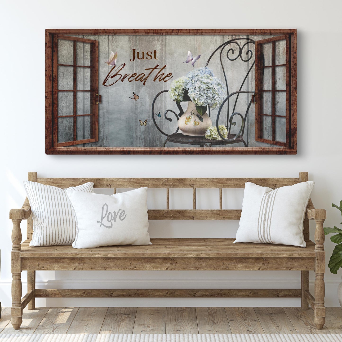 Just Breathe Sign XII canvas by Tailored Canvases with hydrangea vase and butterflies on Tampa Home & Garden Store