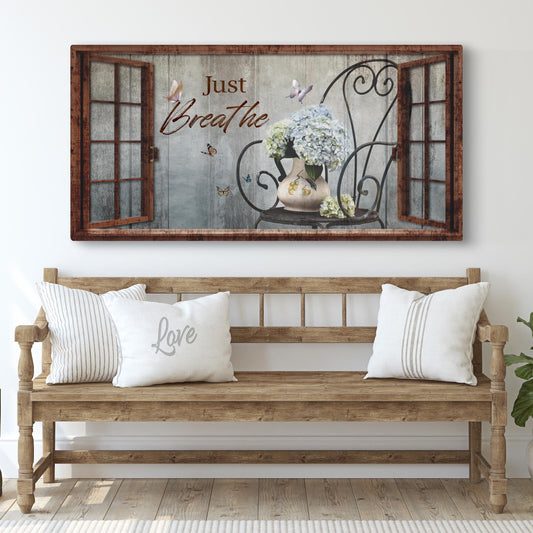 Just Breathe Sign XII canvas by Tailored Canvases with hydrangea vase and butterflies on Tampa Home & Garden Store