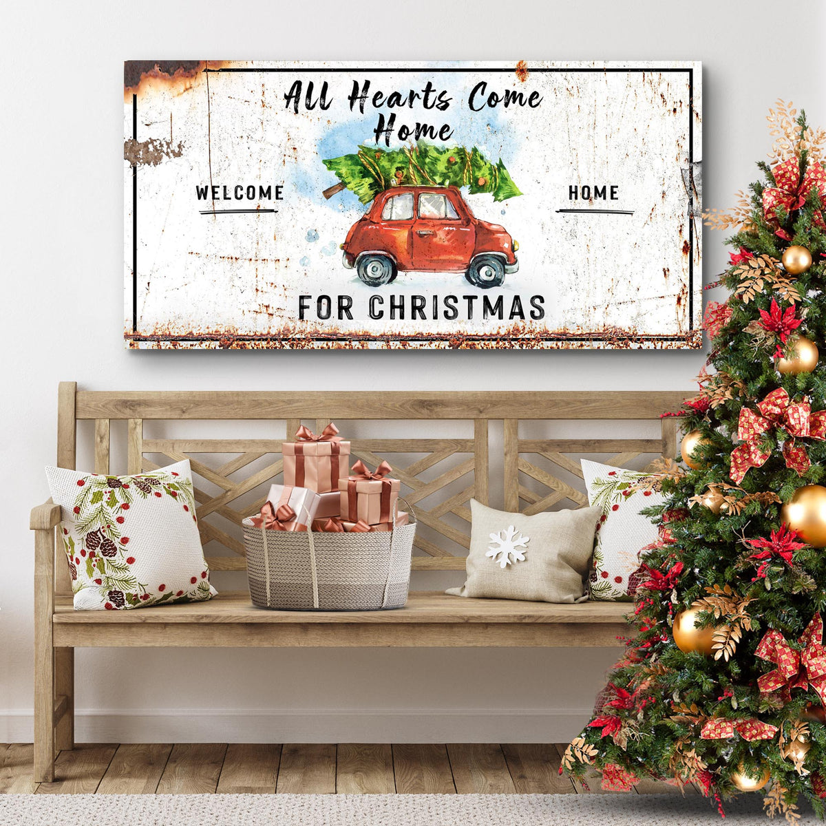 All Hearts Come Home For Christmas canvas sign with red car and tree on rustic white backdrop on Tampa Home & Garden Store