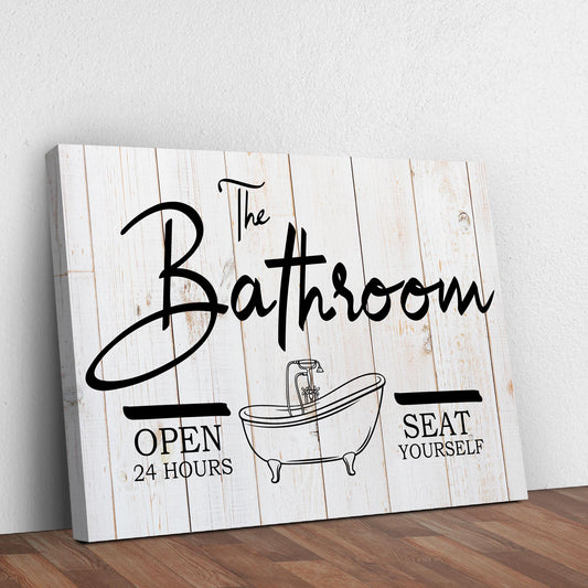 Canvas sign The Bathroom on white wood with black script and tub drawing Tailored Canvases on Tampa Home & Garden Store