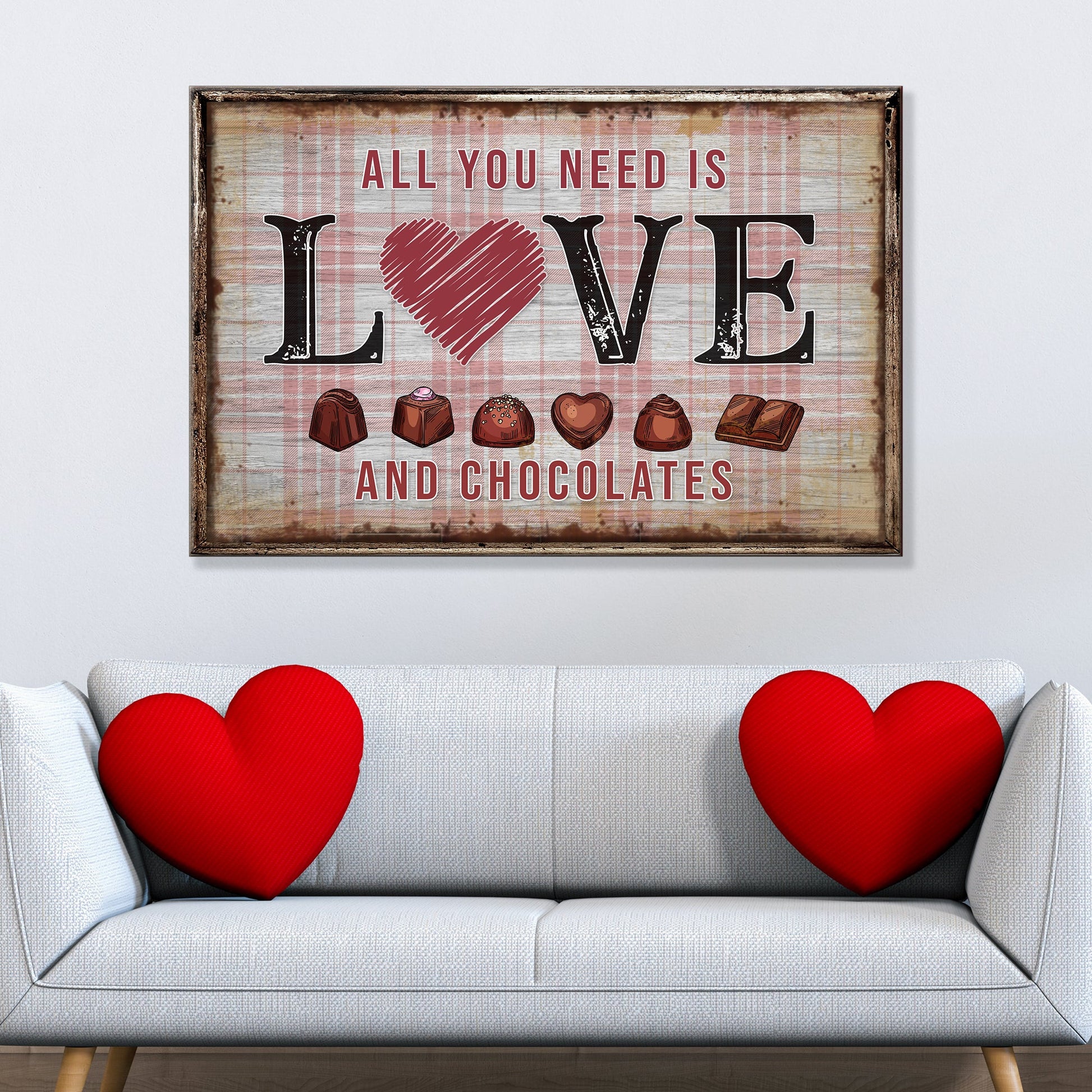 Tailored Canvases Valentine’s Day Sign XIII canvas with rustic frame and pink plaid backdrop on Tampa Home & Garden Store