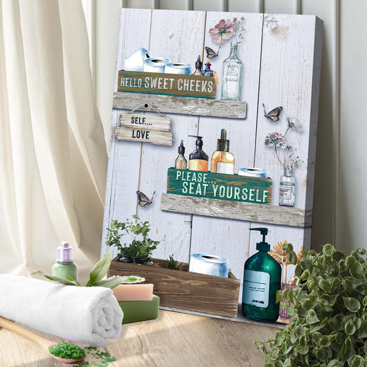Seat Yourself Sign canvas decor on rustic wood planks with teal panels by Tailored Canvases on Tampa Home & Garden Store
