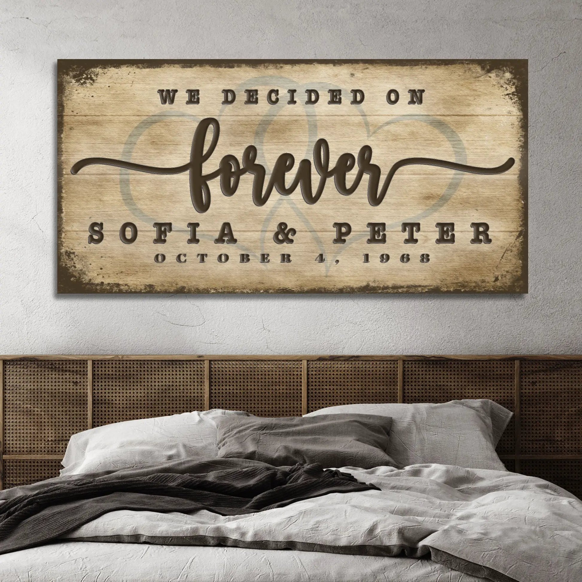 We Decided On Forever Sign II canvas with wood plank background and scripted forever text Tailored Canvases on Tampa Home & Garden Store