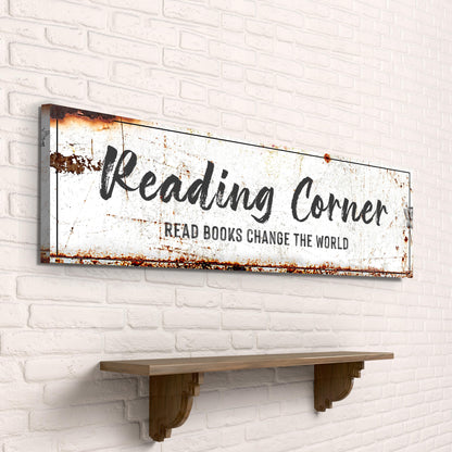 Reading Corner canvas sign with distressed white background and rust accents wall mounted on Tampa Home & Garden Store