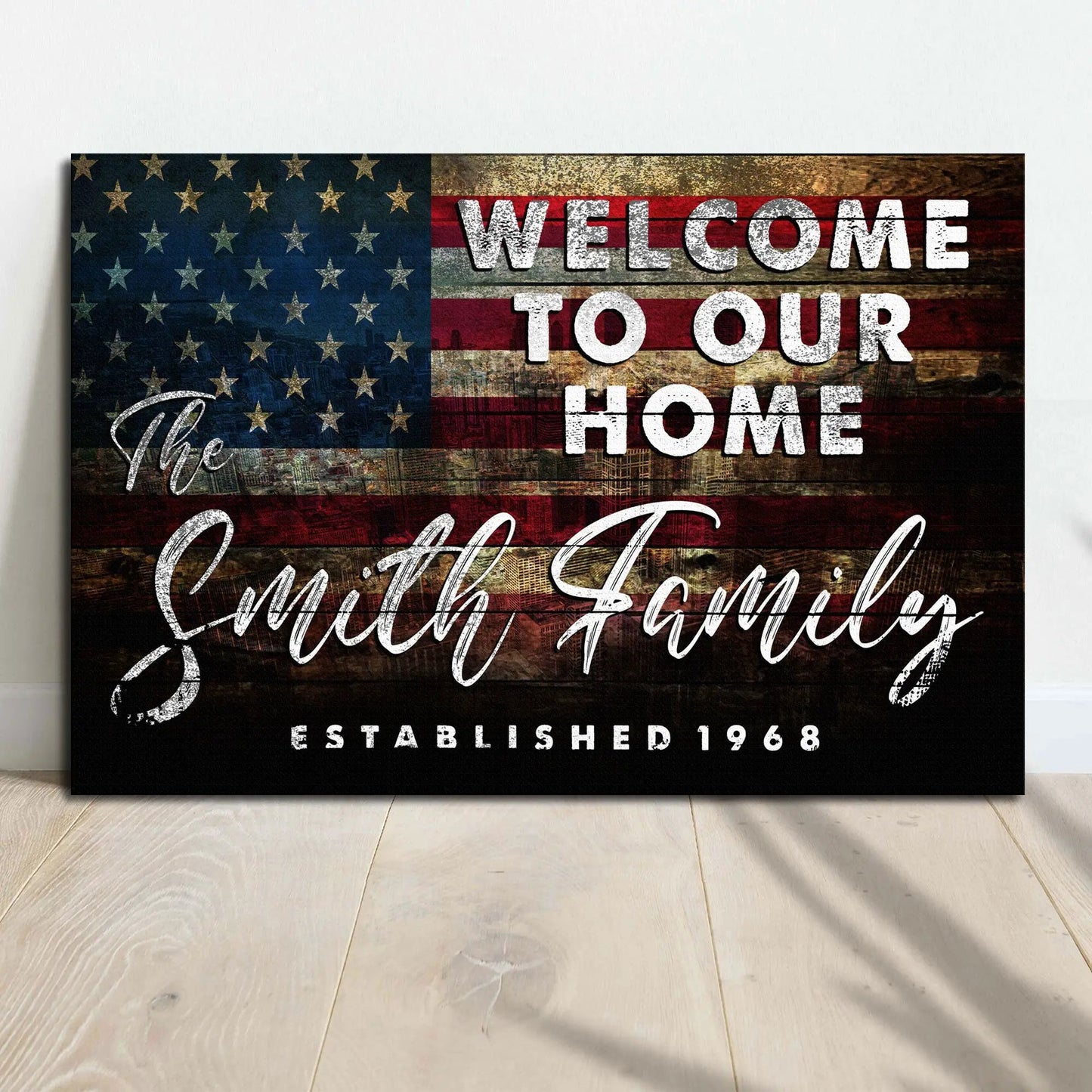 Welcome To Our Home Sign III canvas by Tailored Canvases with rustic wood American flag design on Tampa Home & Garden Store