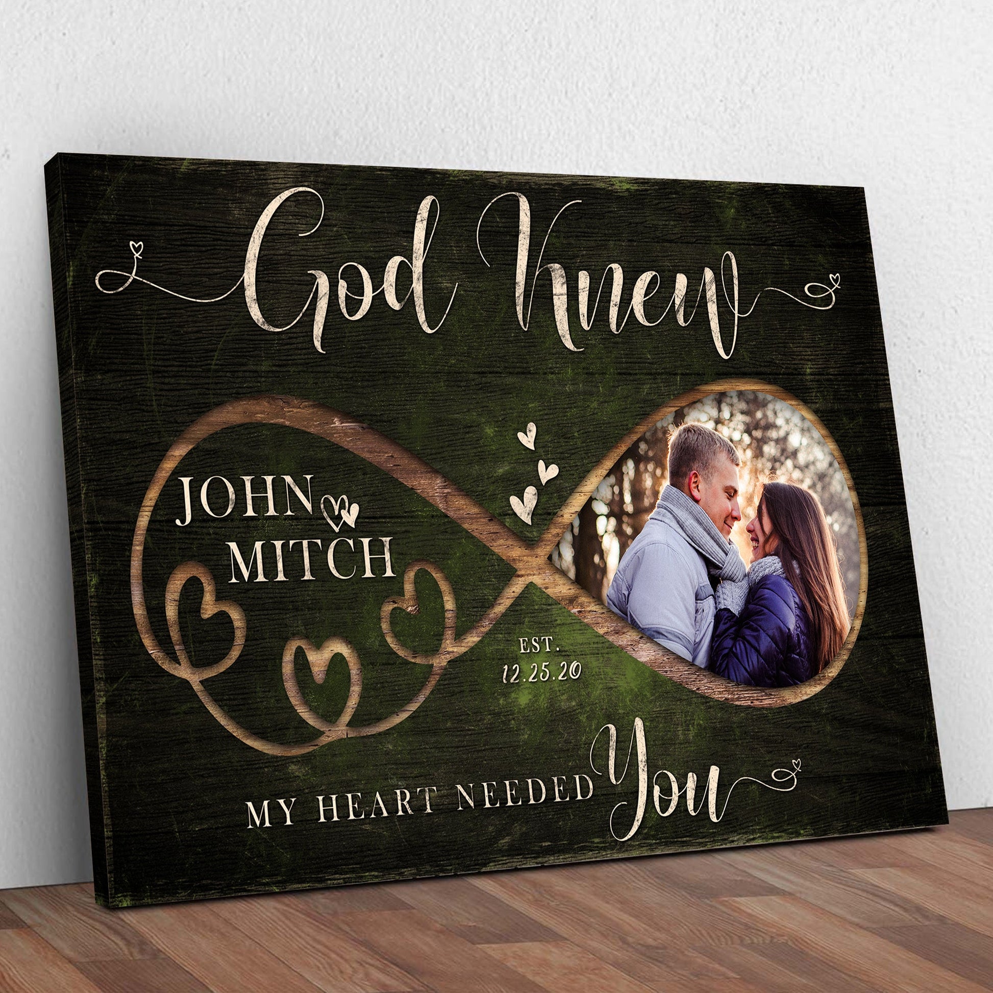 Canvas sign God Knew Couple Sign by Tailored Canvases on dark wood with cream script and swirls on Tampa Home & Garden Store
