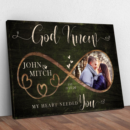 Canvas sign God Knew Couple Sign by Tailored Canvases on dark wood with cream script and swirls on Tampa Home & Garden Store
