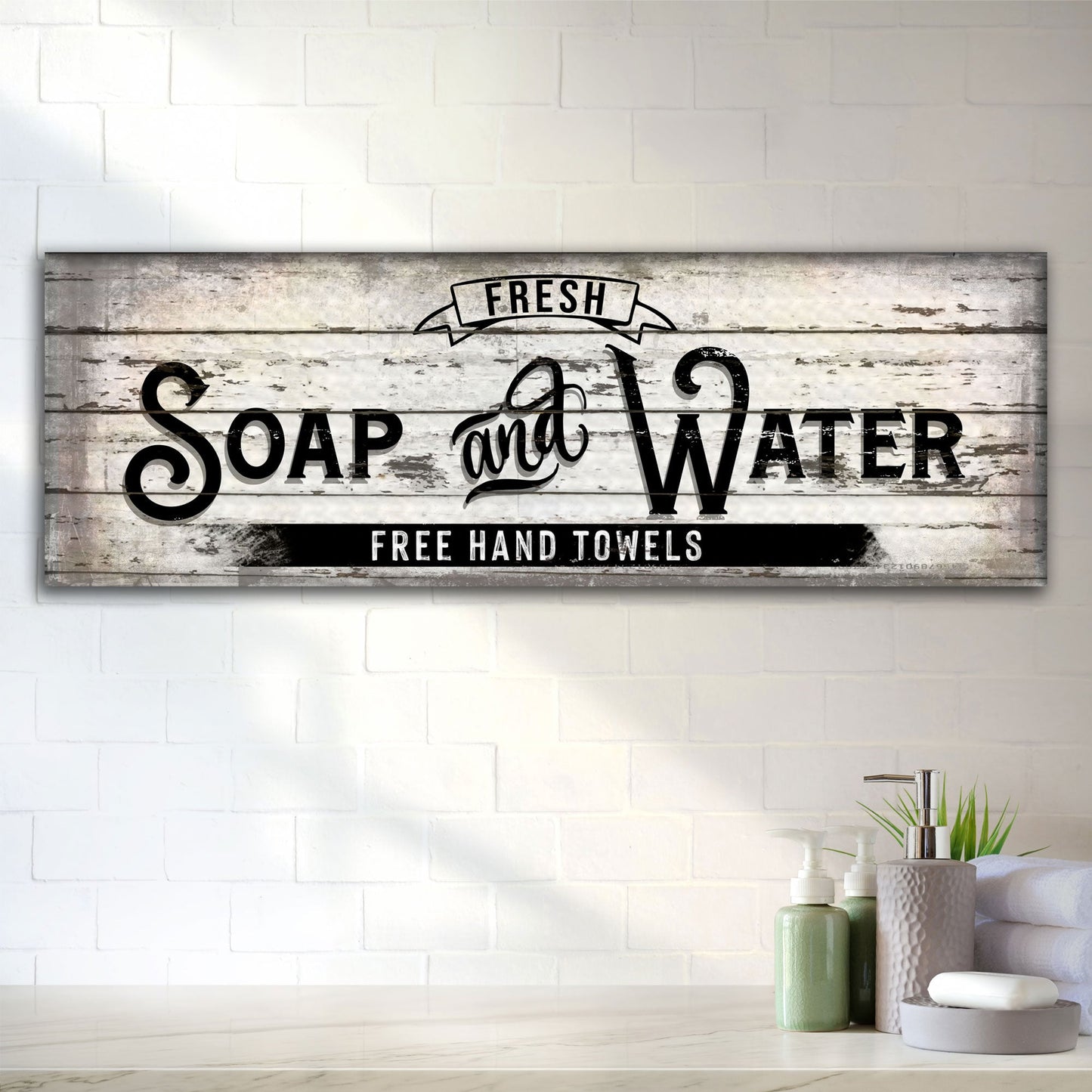 Fresh Soap And Water canvas sign with black typography on distressed wood background on Tampa Home & Garden Store