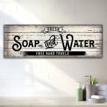 Fresh Soap And Water canvas sign with black typography on distressed wood background on Tampa Home & Garden Store