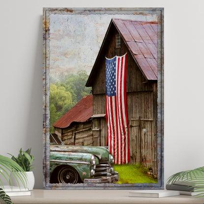 America Country Barn Canvas Wall Art by Tailored Canvases, rustic barn with American flag on Tampa Home & Garden Store