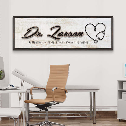 Doctor Name Sign canvas wall art with Dr Larson and heart-shaped stethoscope, dark frame on Tampa Home & Garden Store