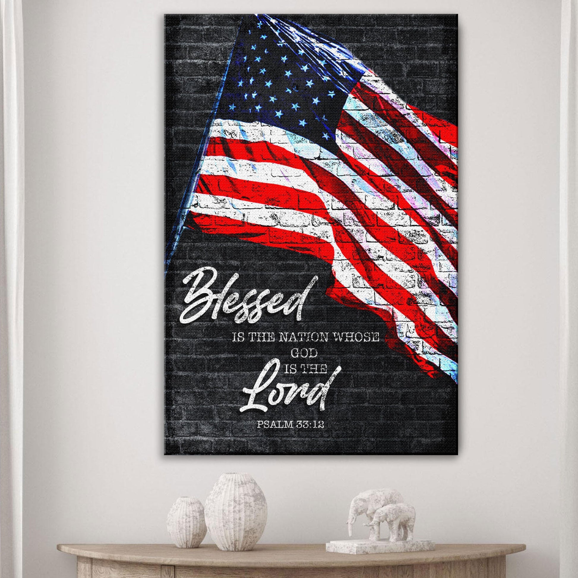 Tailored Canvases canvas sign with American flag and Psalm 33:12 Blessed Is The Nation on Tampa Home & Garden Store