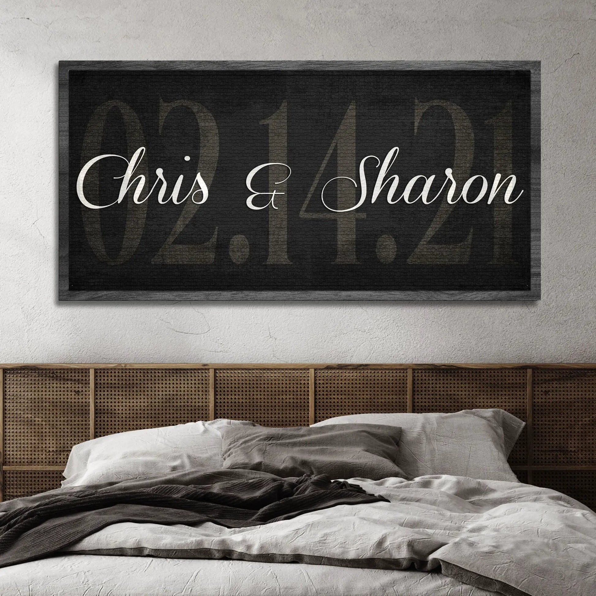 Wedding Date Sign canvas with white script Chris & Sharon on black background framed in dark wood on Tampa Home & Garden Store
