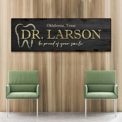 Dentist Name Sign canvas plaque in black with gold DR. LARSON lettering and tooth outline on Tampa Home & Garden Store