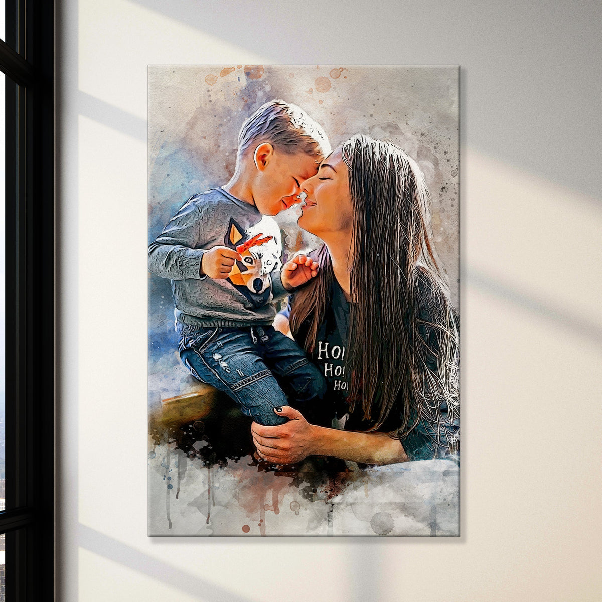 Mother And Son Watercolor Portrait Sign canvas by Tailored Canvases, textured splash background on Tampa Home & Garden Store