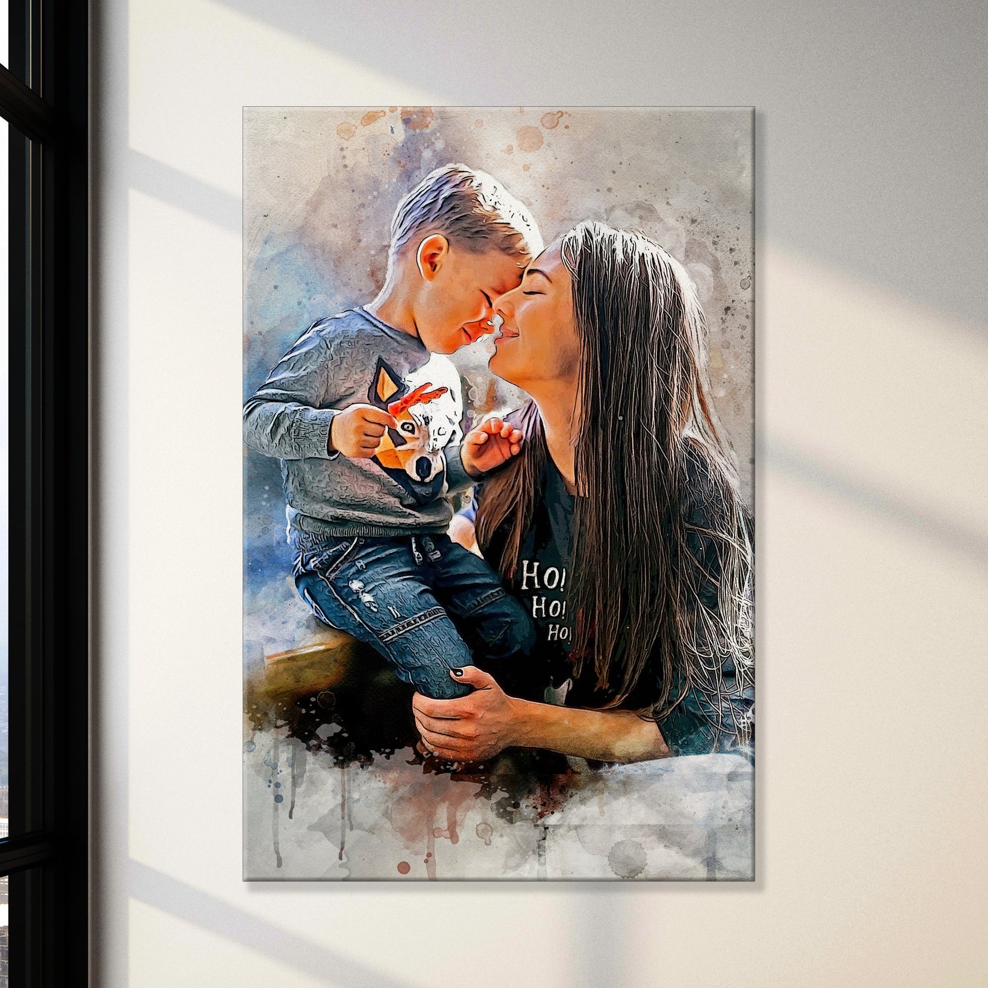Mother And Son Watercolor Portrait Sign canvas by Tailored Canvases, textured splash background on Tampa Home & Garden Store
