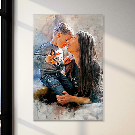 Mother And Son Watercolor Portrait Sign canvas by Tailored Canvases, textured splash background on Tampa Home & Garden Store