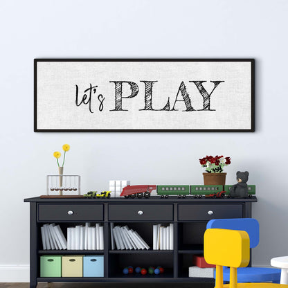 Let's Play Sign canvas in a black frame with linen fabric by Tailored Canvases for crafting on Tampa Home & Garden Store