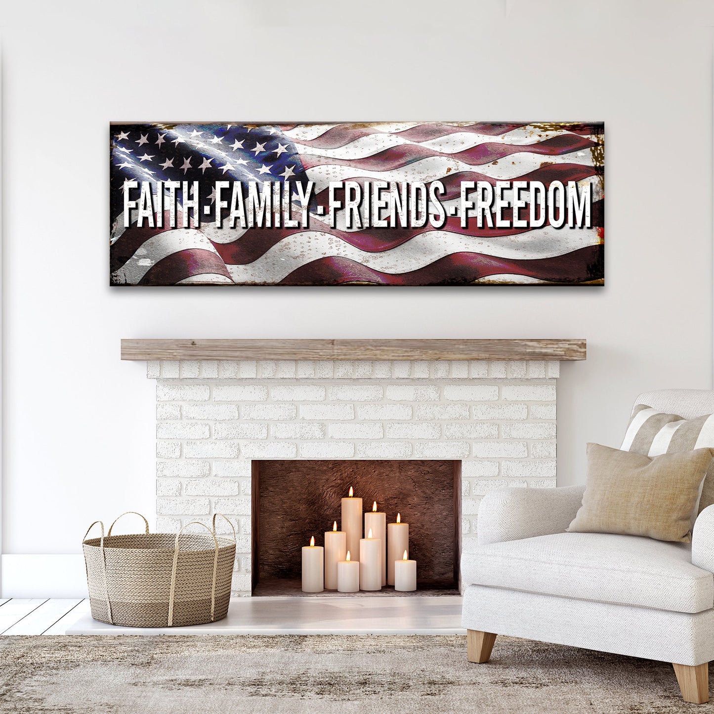 Faith Family Friends Freedom canvas sign with red white blue flag motif Tailored Canvases on Tampa Home & Garden Store