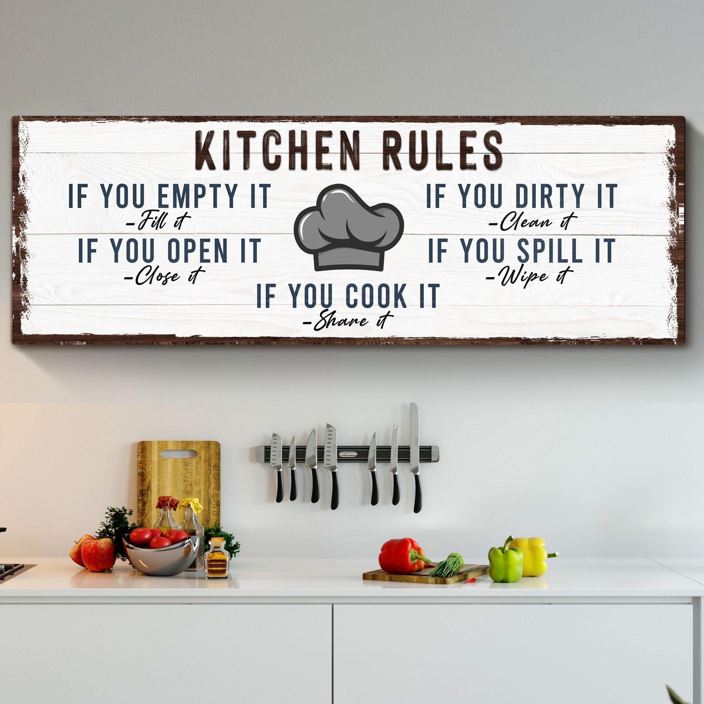 Kitchen Rules Sign canvas by Tailored Canvases, white wood with navy text and chef hat on Tampa Home & Garden Store