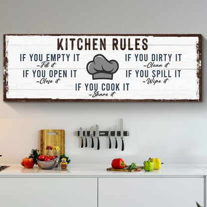 Kitchen Rules Sign canvas by Tailored Canvases, white wood with navy text and chef hat on Tampa Home & Garden Store