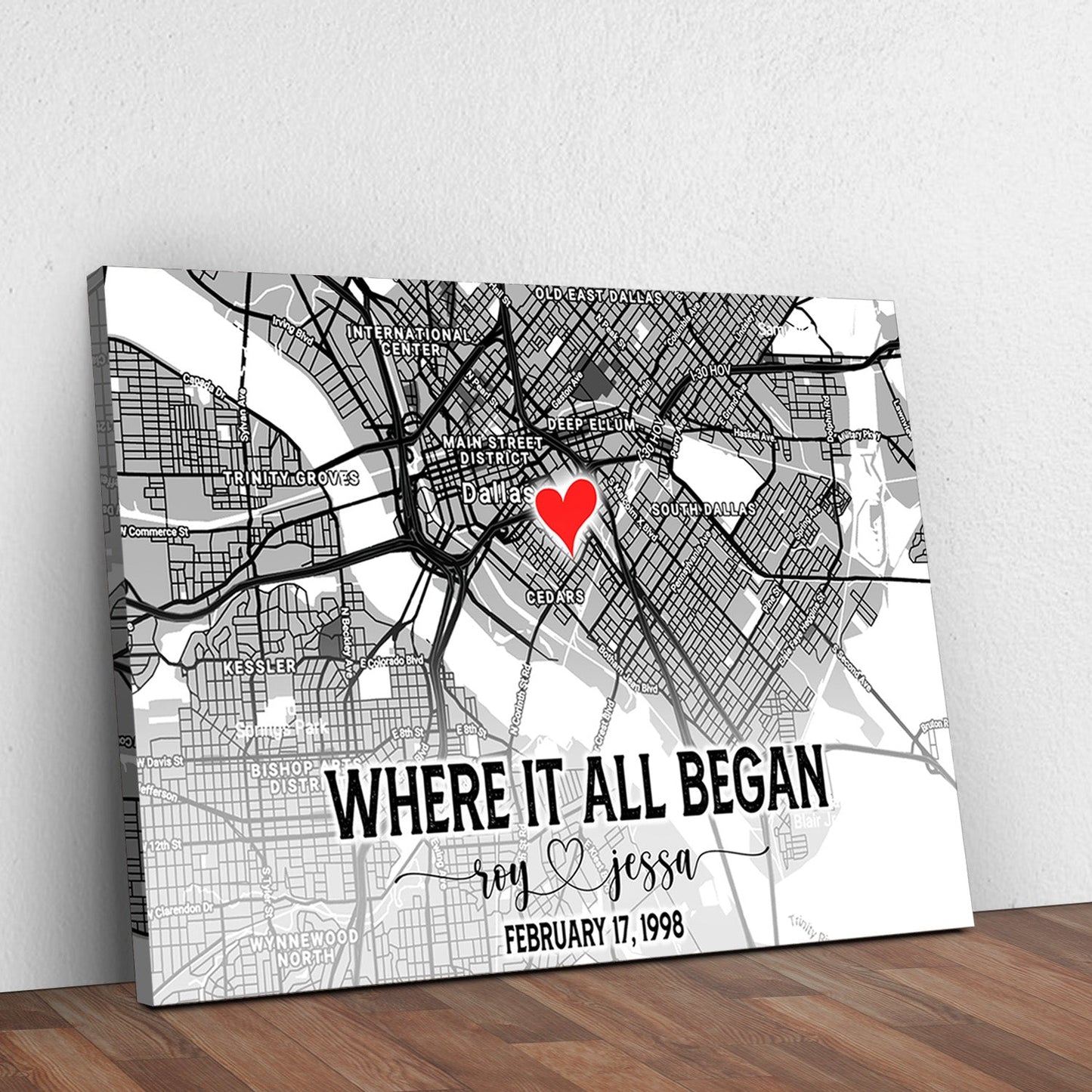 Canvas art Couple Street Map Sign by Tailored Canvases, grayscale map with red heart marker on Tampa Home & Garden Store