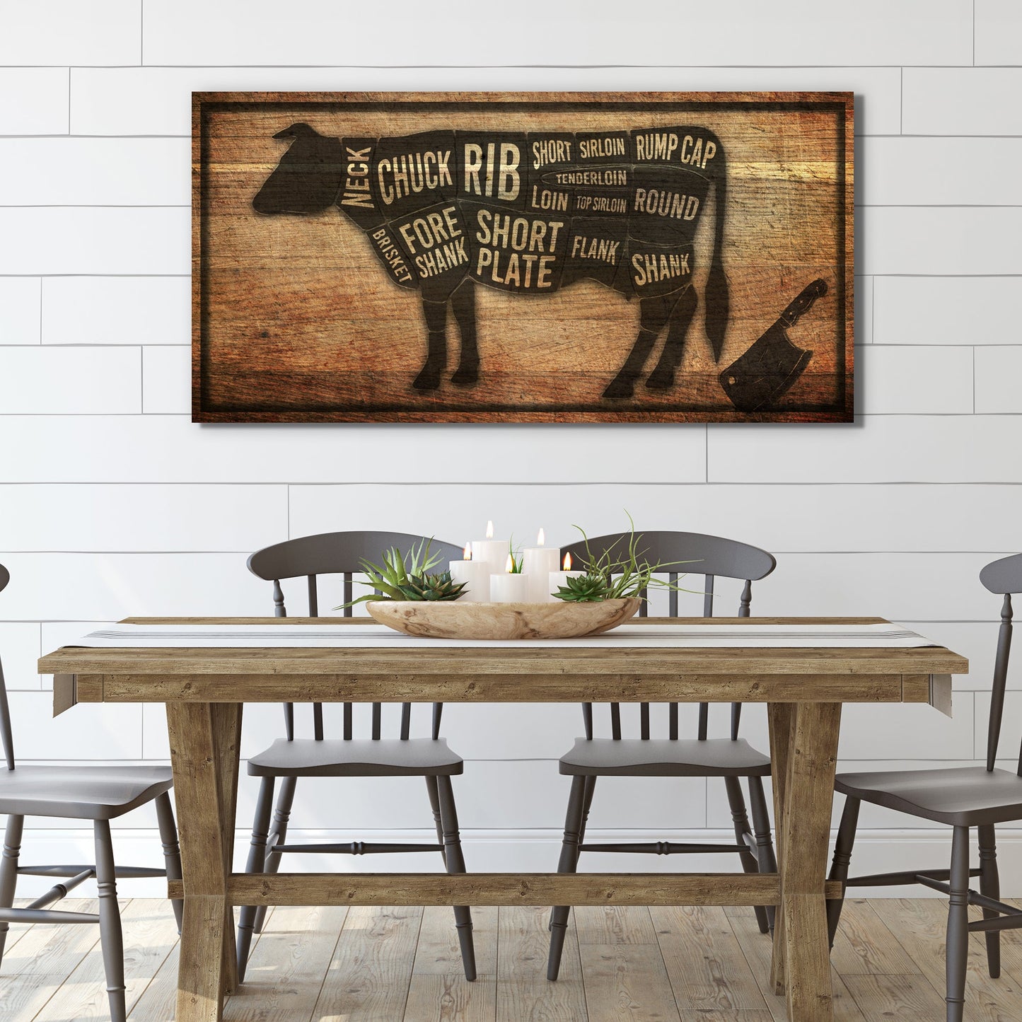 Cow Butcher Kitchen Sign II canvas by Tailored Canvases with woodgrain cow silhouette and cuts on Tampa Home & Garden Store