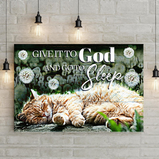 Canvas sign Give It To God And Go To Sleep with green floral backdrop and white script on wall on Tampa Home & Garden Store