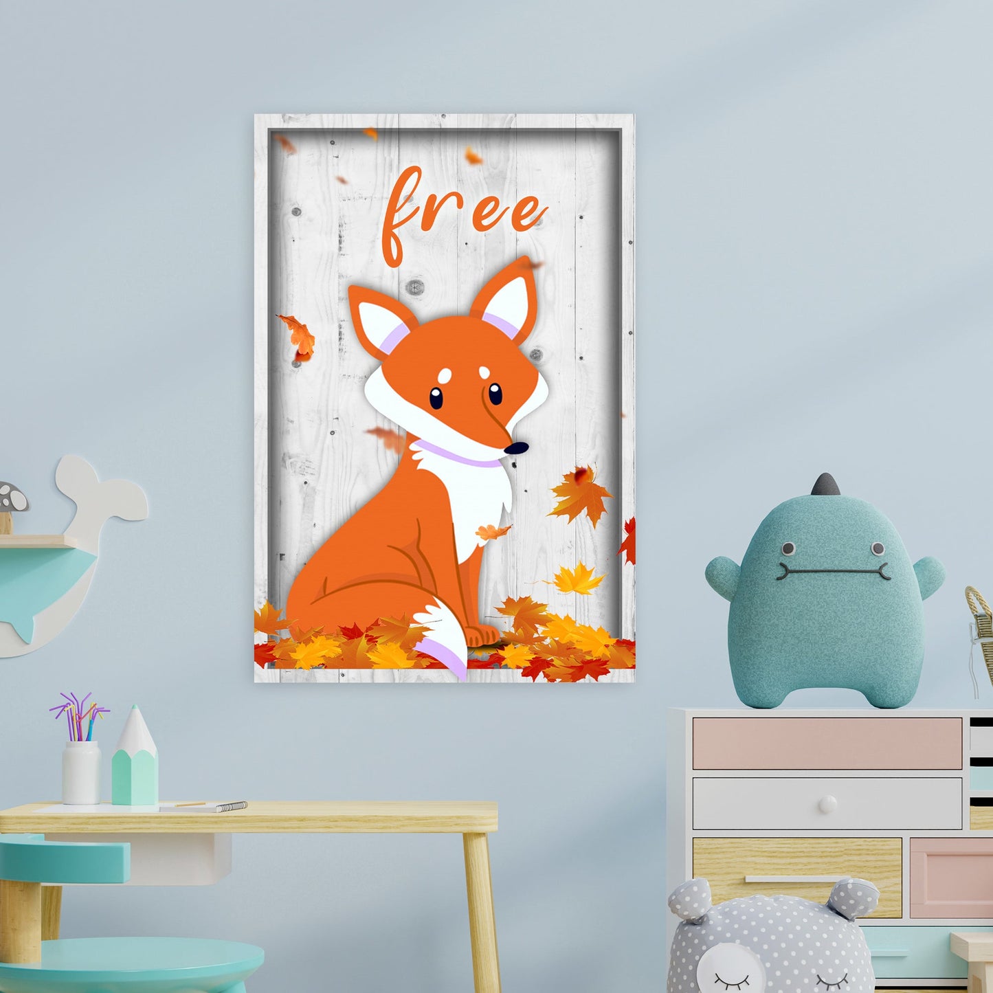 The Most Adorable Free Fox Sign canvas by Tailored Canvases, orange fox on white wood backdrop on Tampa Home & Garden Store