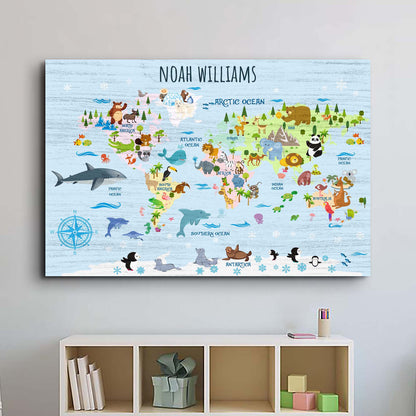 Canvas Animals And Countries Map Sign by Tailored Canvases, blue world map with animals on Tampa Home & Garden Store