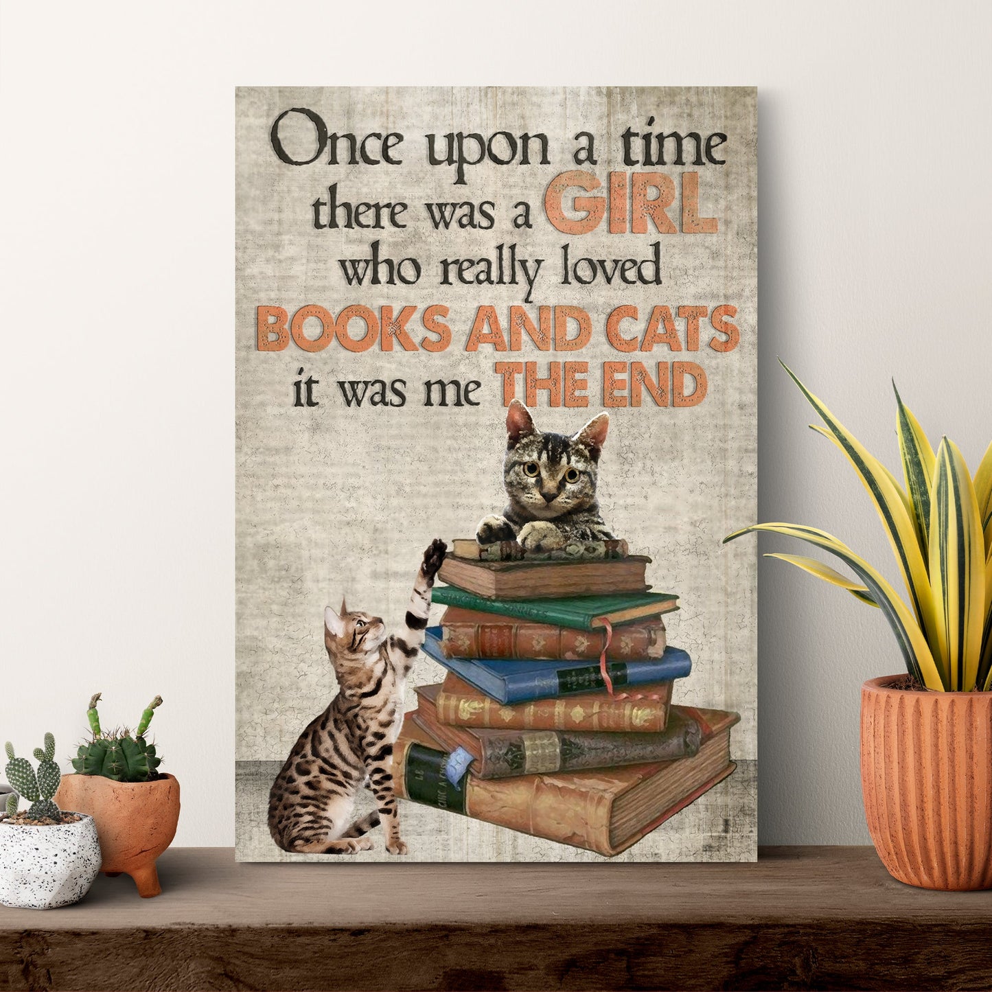 Tailored Canvases canvas sign wood background with orange GIRL and BOOKS AND CATS cat atop books on Tampa Home & Garden Store