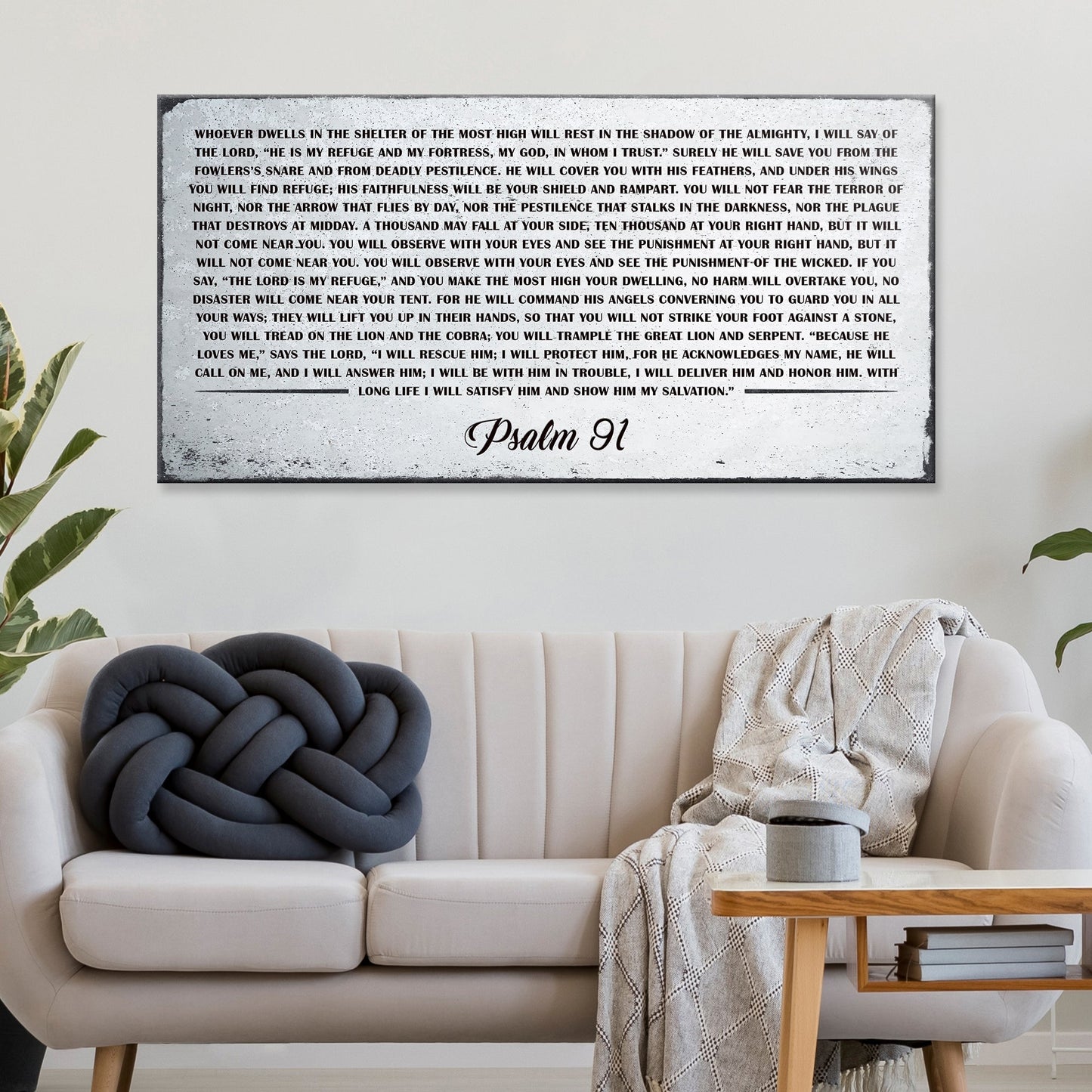 Canvas wall art Psalm 91 scripture sign by Tailored Canvases in a gray distressed finish on Tampa Home & Garden Store