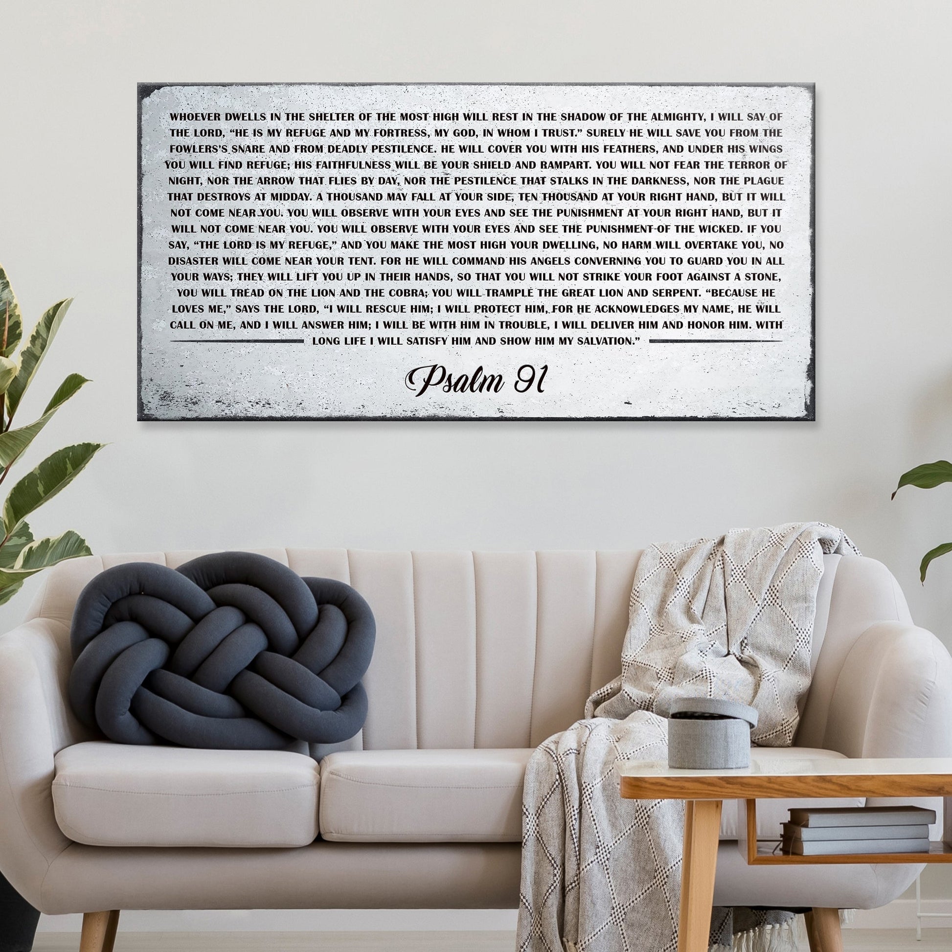 Canvas wall art Psalm 91 scripture sign by Tailored Canvases in a gray distressed finish on Tampa Home & Garden Store