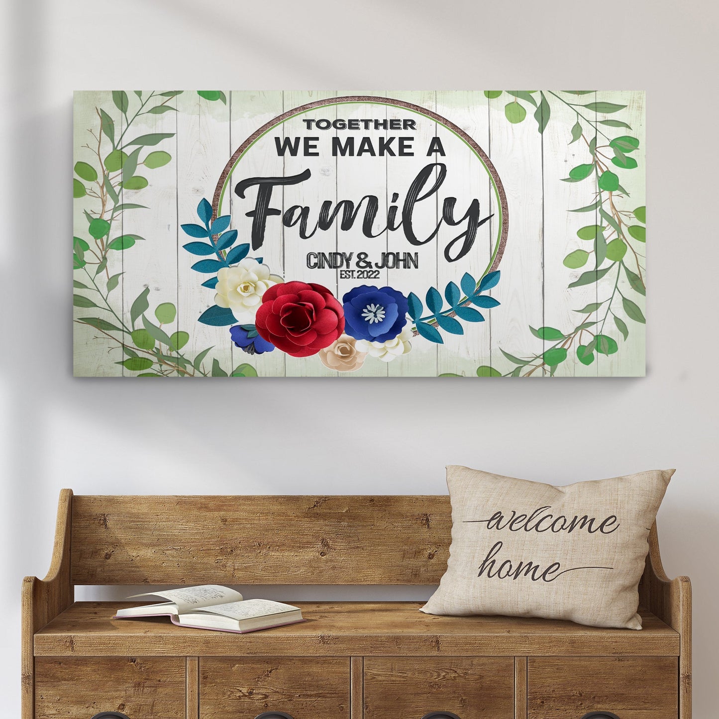 Canvas sign Together We Make A Family by Tailored Canvases with wreath on whitewashed wood on Tampa Home & Garden Store
